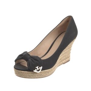 Tory Burch Black Canvas Peep Toe Wedge Pumps